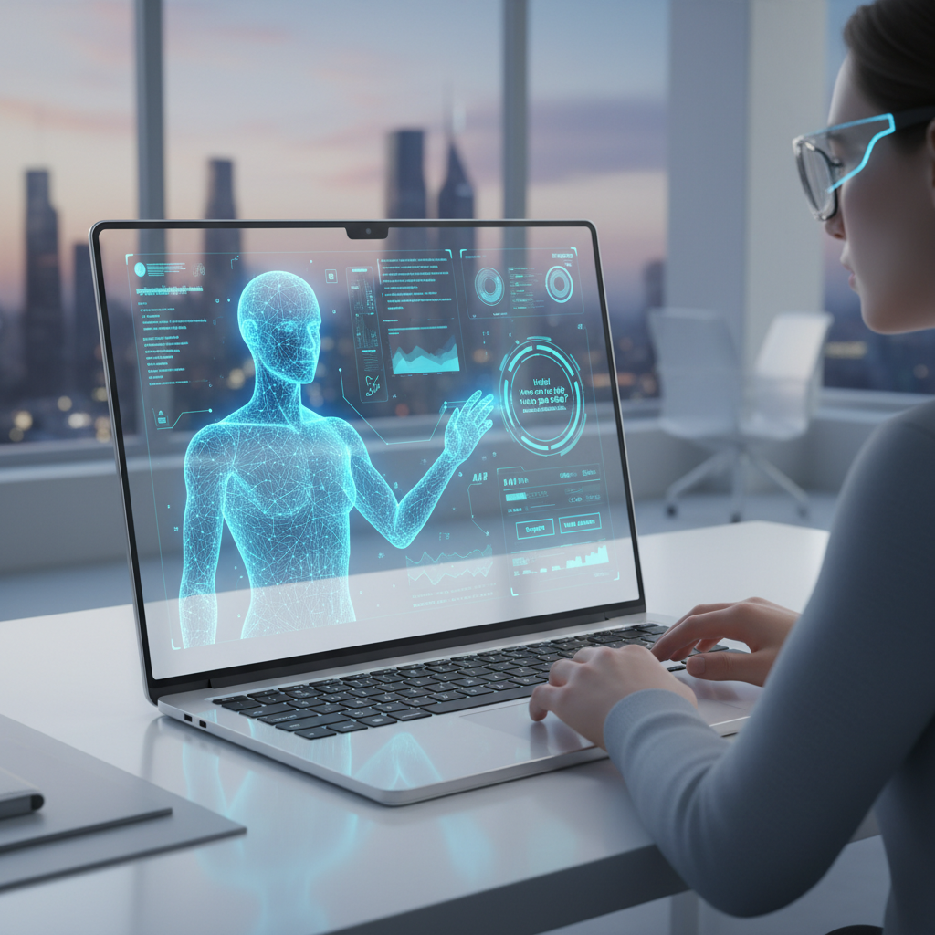 futuristic AI agent helping a customer on a laptop screen, glowing blue interface, clean modern design