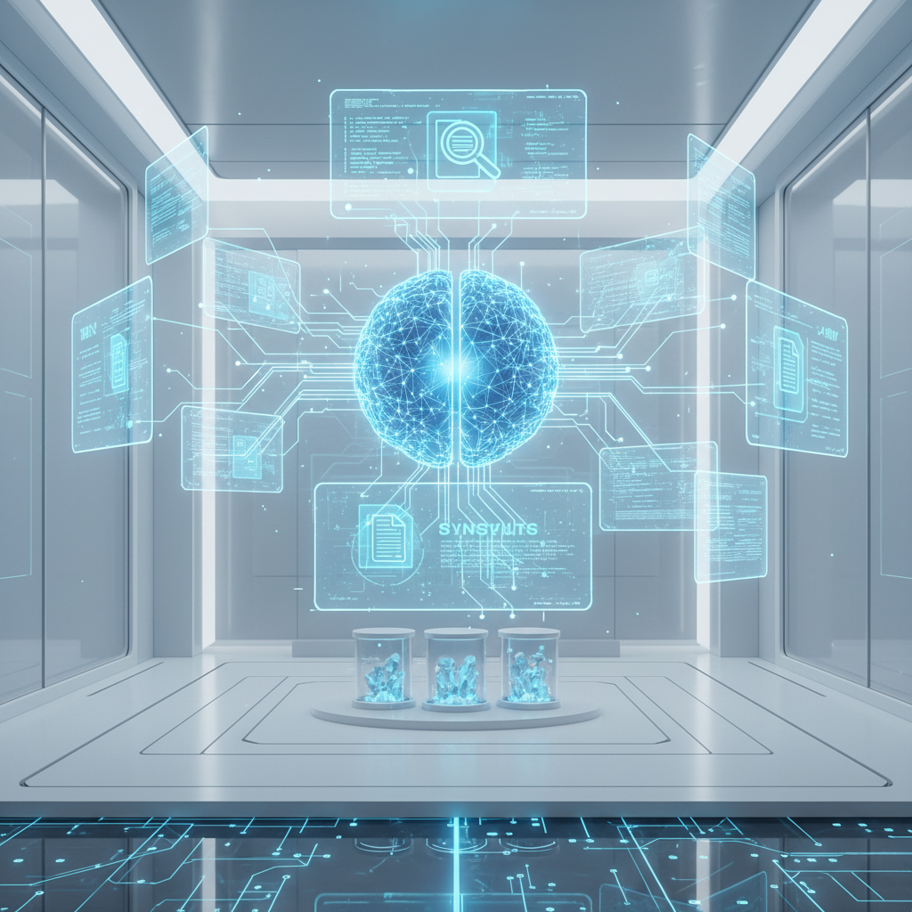 futuristic AI system retrieving documents and generating answers, glowing blue neural connections, clean modern illustration