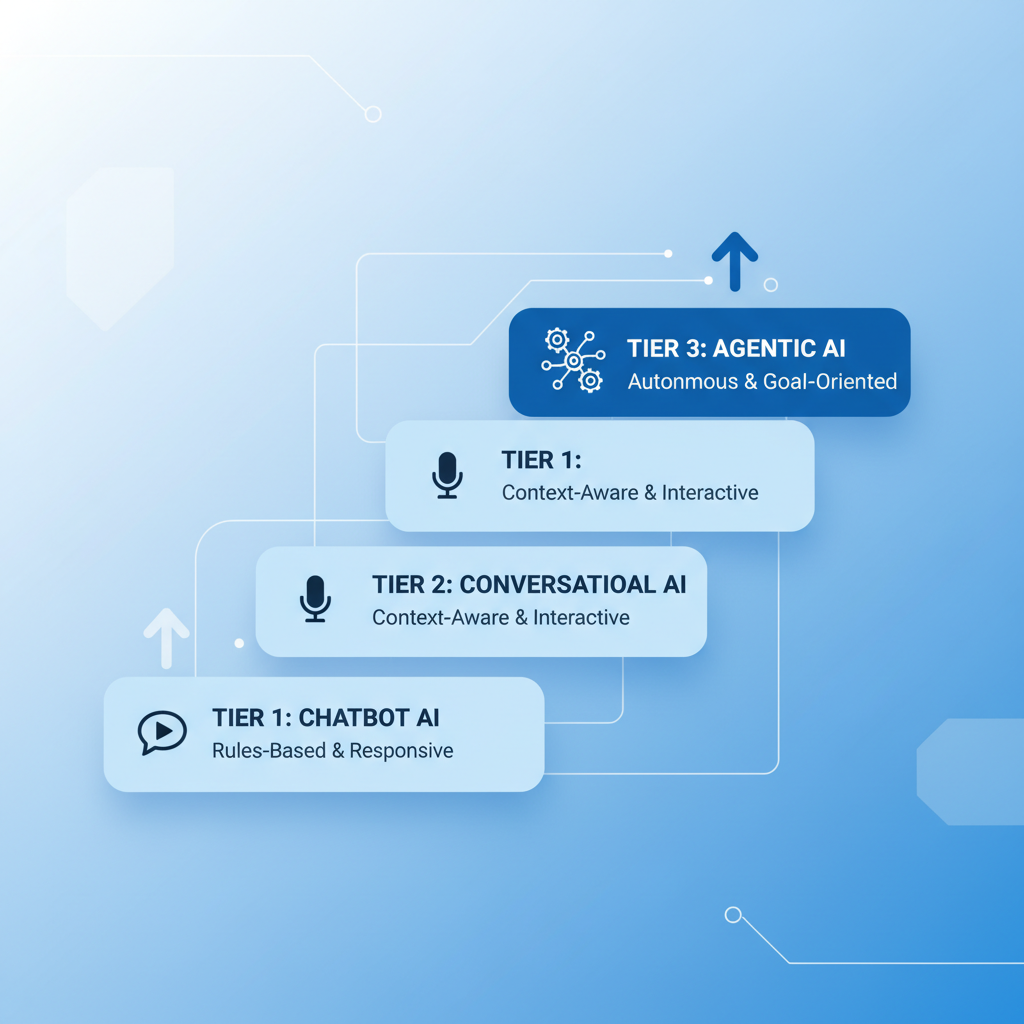 three-tier AI evolution diagram showing chatbot conversational AI and agentic AI as ascending steps, clean modern infographic style, blue and white