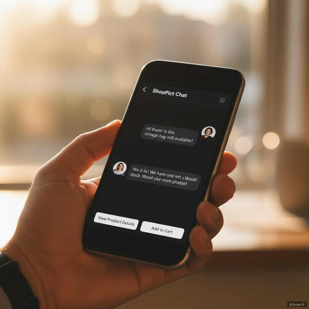 photorealistic hand holding smartphone showing Shopify product chat conversation, warm golden lighting, soft bokeh background