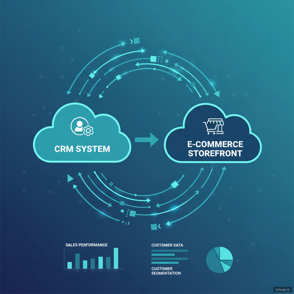 flat vector illustration of data flowing between a CRM system and an e-commerce storefront, deep blue and teal color palette, clean infographic style