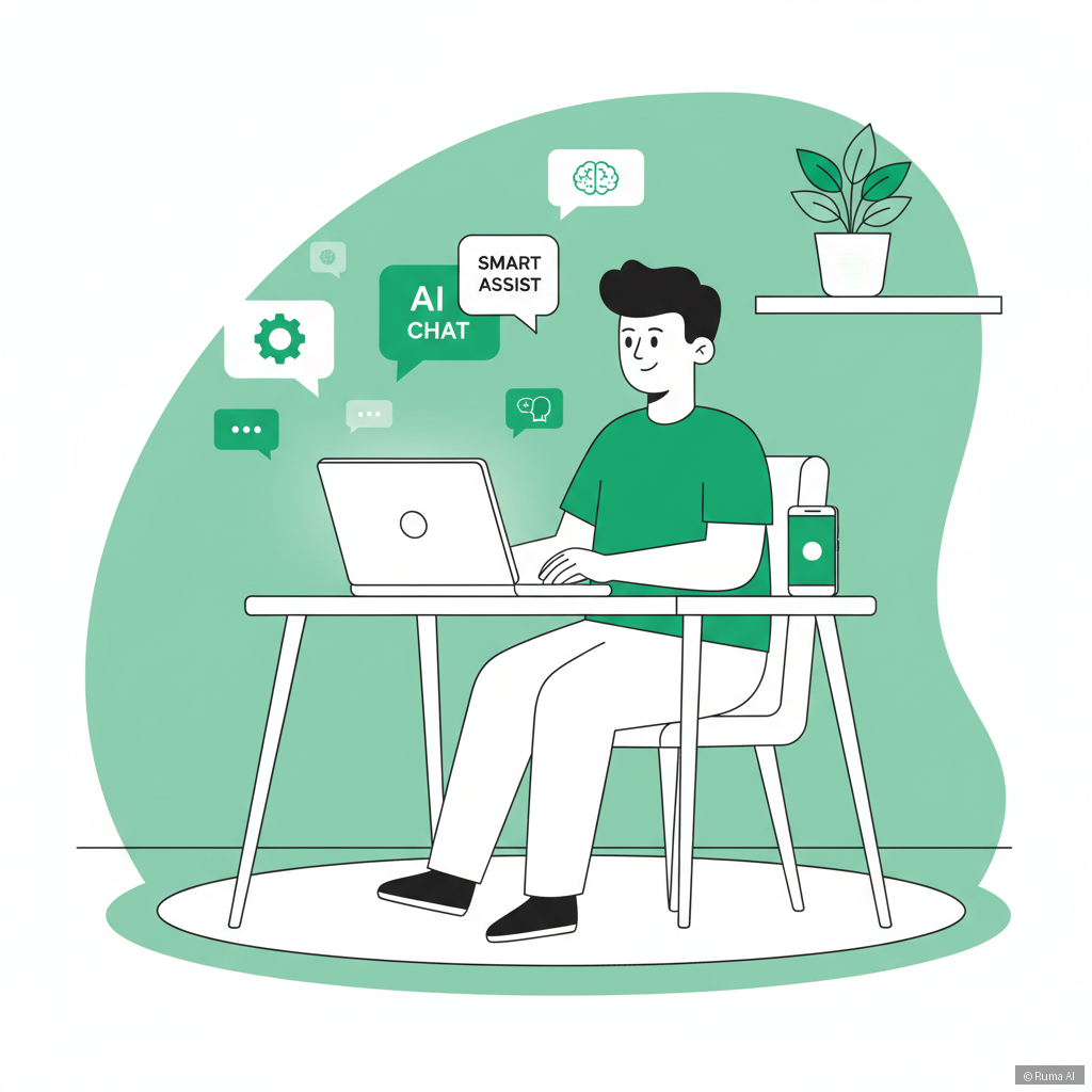 flat vector illustration of a small business owner at a desk with AI-powered chat bubbles floating around a laptop and phone, emerald green and white color palette, clean modern style