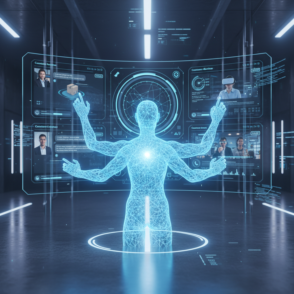 autonomous AI agent handling multiple customer tasks simultaneously on a glowing dashboard, modern tech aesthetic