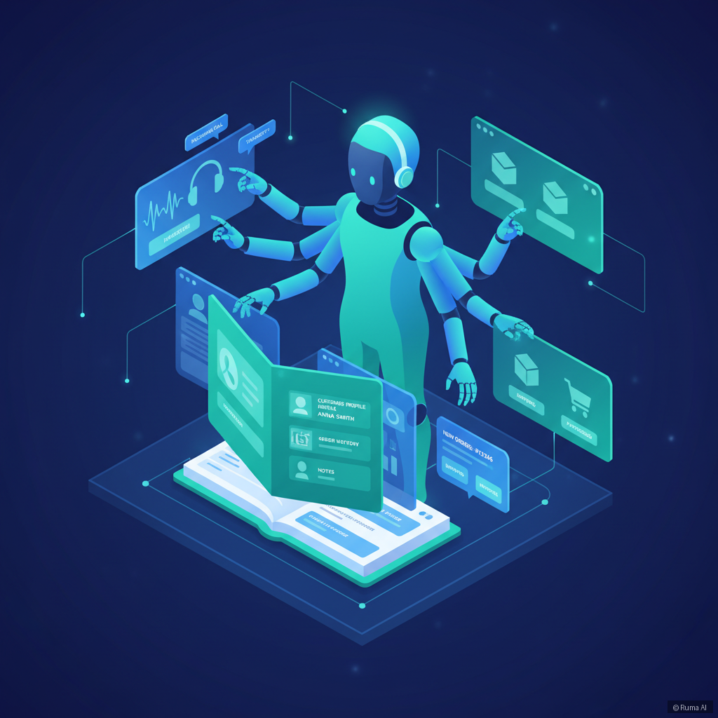 isometric 3D illustration of AI agent managing phone calls, CRM data, and e-commerce orders simultaneously, deep blue and emerald green color palette, clean and modern