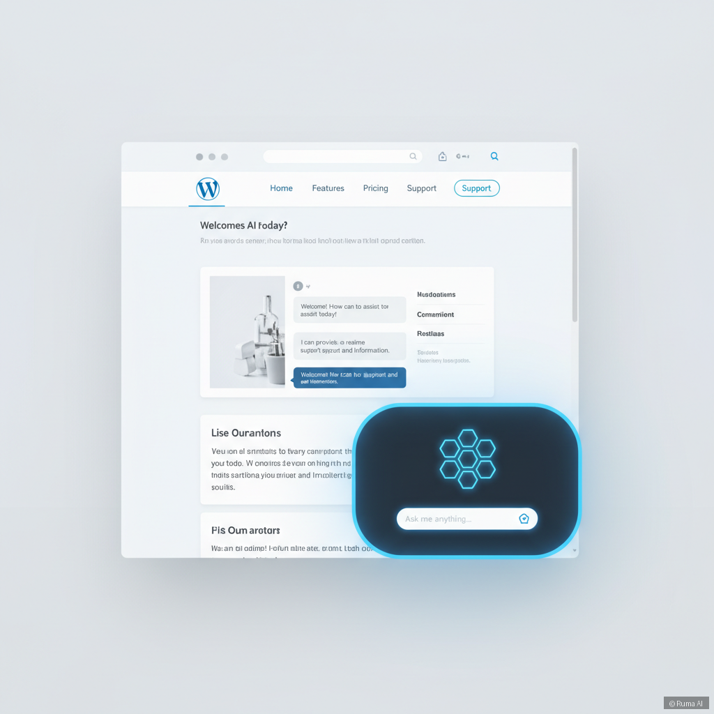 futuristic AI chatbot interface embedded on a clean WordPress website, glowing blue accents, modern UI design