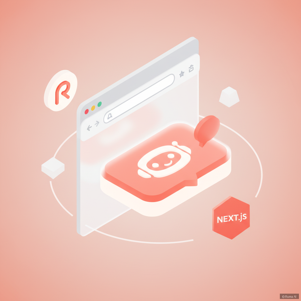 isometric 3D illustration of a glowing AI chatbot widget embedded in a browser window, with React and Next.js logos floating around it, coral and white color palette, clean minimal style