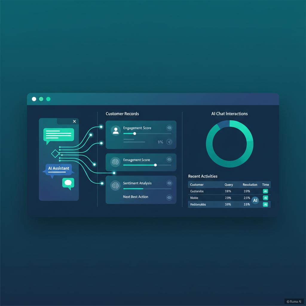 flat vector illustration of a CRM dashboard with AI chat data flowing into customer records, deep blue and emerald green palette, clean infographic style