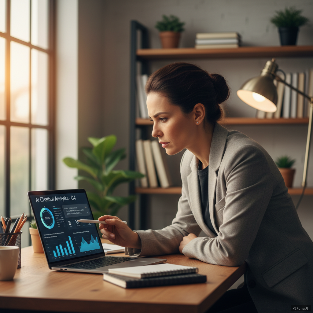 business owner reviewing AI chatbot conversation analytics on a laptop, warm office lighting, focused expression