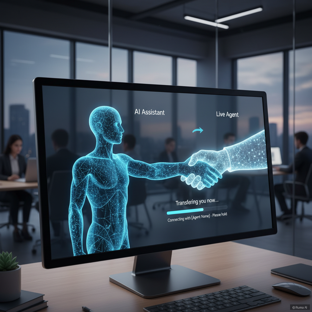AI chatbot smoothly transferring a customer to a live human agent on screen, digital handshake visual, professional setting