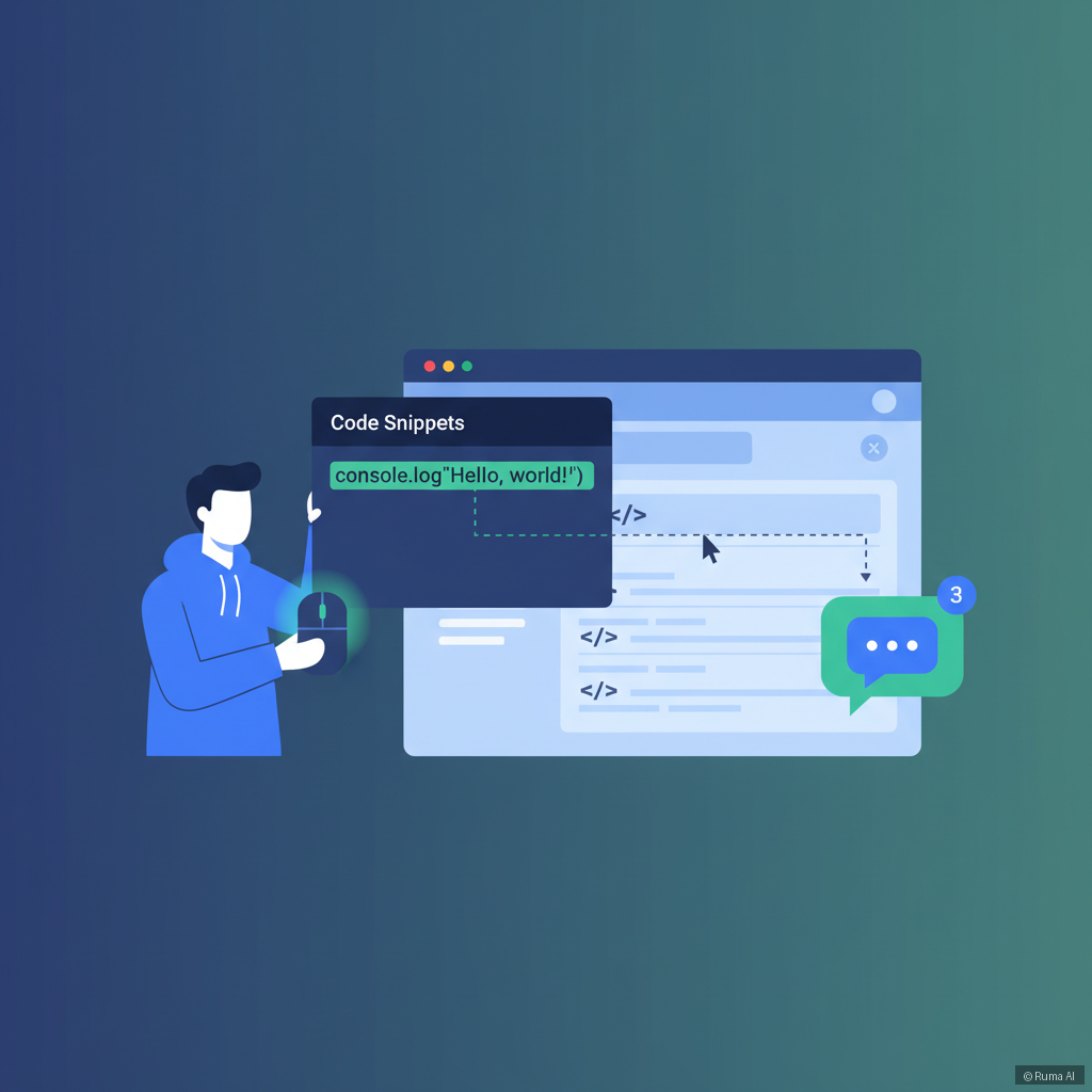 flat vector illustration of a developer copy-pasting one line of code from a dashboard into a website editor, with a chat widget appearing on the right side, deep blue and emerald green color palette, clean infographic style