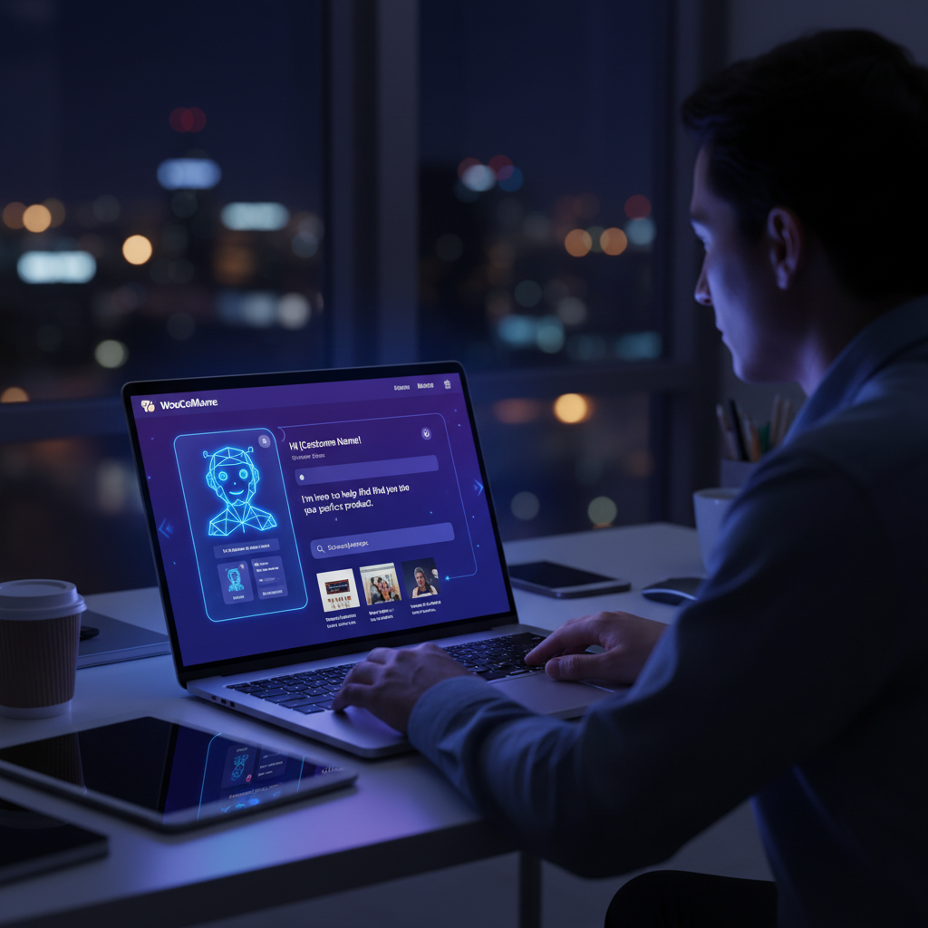 AI chatbot helping WooCommerce store customer at night, glowing chat widget on laptop screen, modern e-commerce interface, blue and purple tones