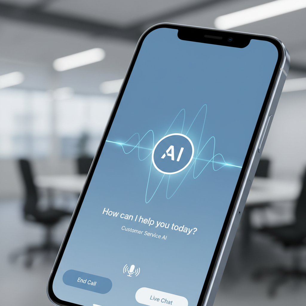 AI voice assistant interface on a smartphone, customer service concept, clean minimal design, soft blue tones