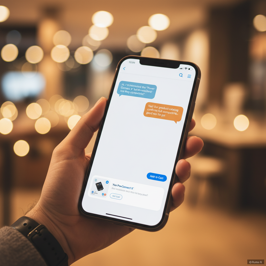 photorealistic hand holding smartphone showing live chat conversation about product compatibility, warm golden bokeh lighting, e-commerce context