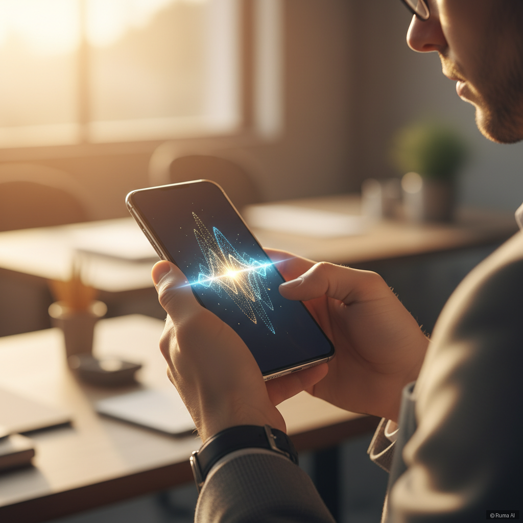 photorealistic close-up of a person holding a smartphone with glowing AI voice waveform on screen, warm golden lighting, soft bokeh background, modern and professional