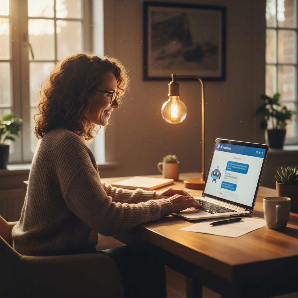 small business owner smiling at laptop with AI chat interface, warm office lighting, productive atmosphere