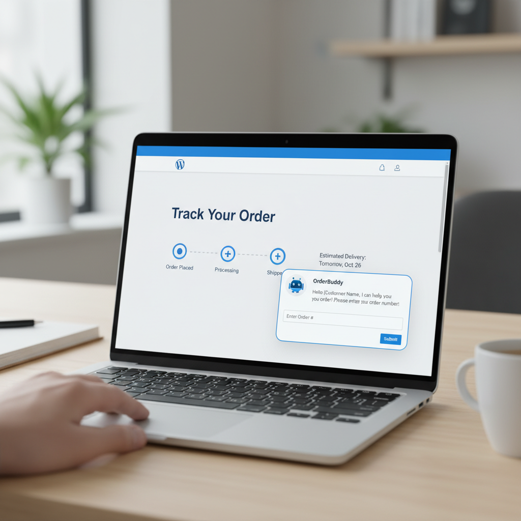 AI chatbot on WordPress site helping a customer track their order, clean modern UI, blue and white design
