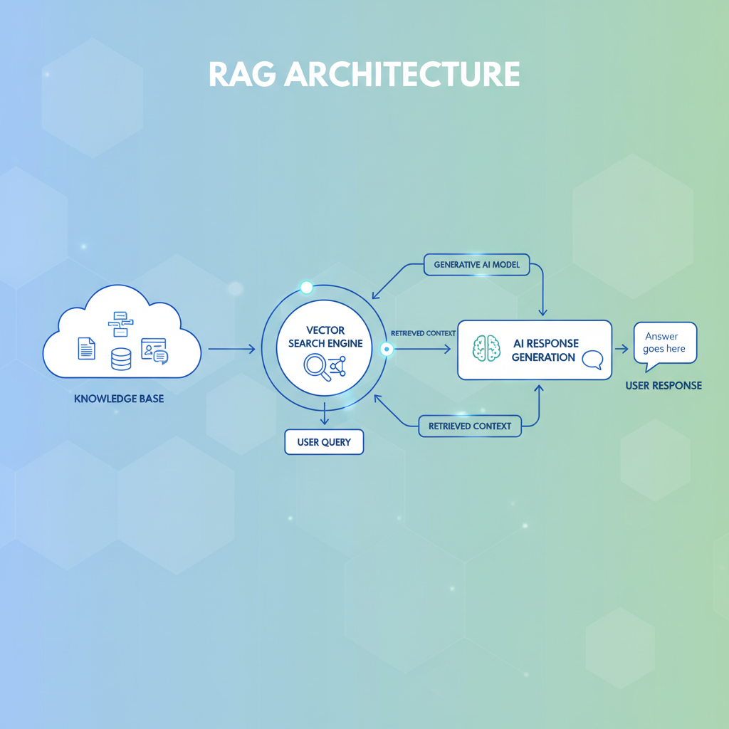 diagram showing RAG architecture with knowledge base, vector search, and AI response generation, clean tech infographic style