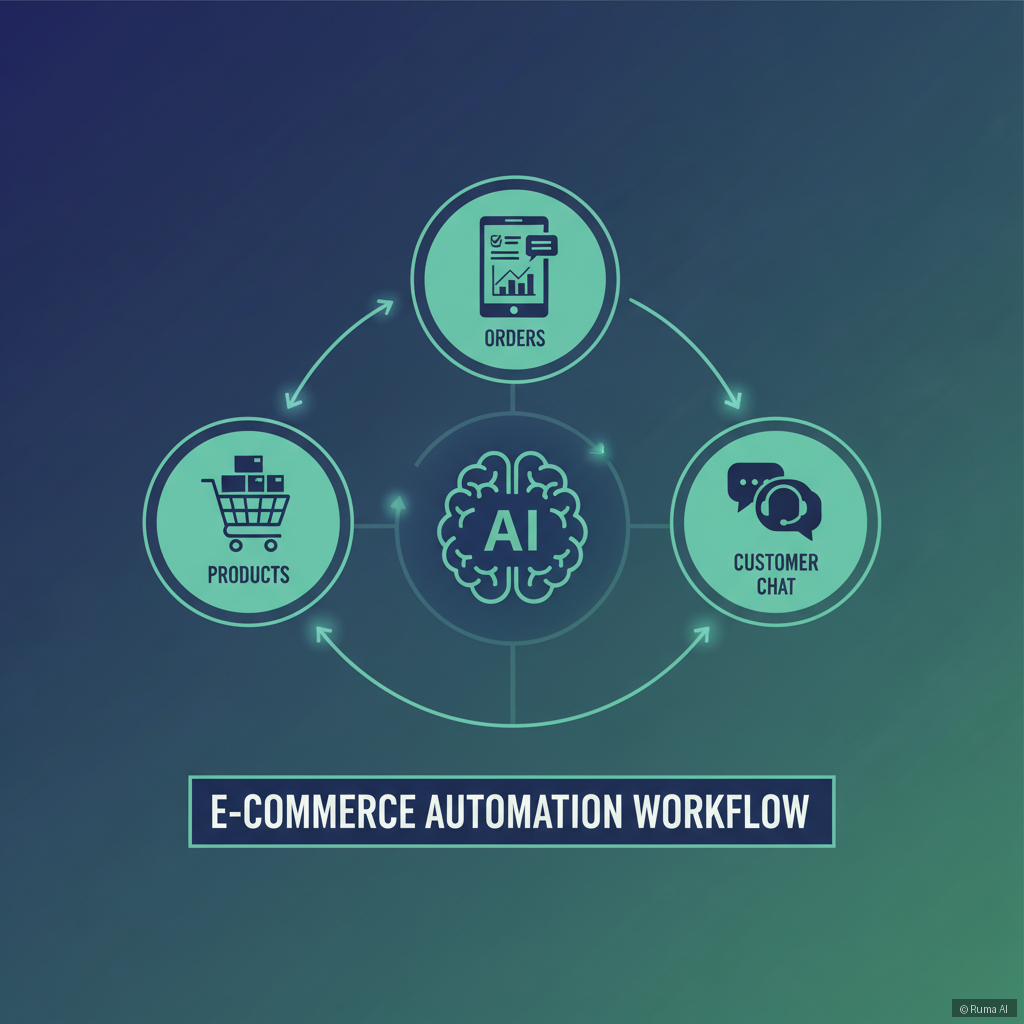 flat vector illustration of e-commerce automation workflow with AI connecting products orders and customer chat, deep blue and emerald green palette