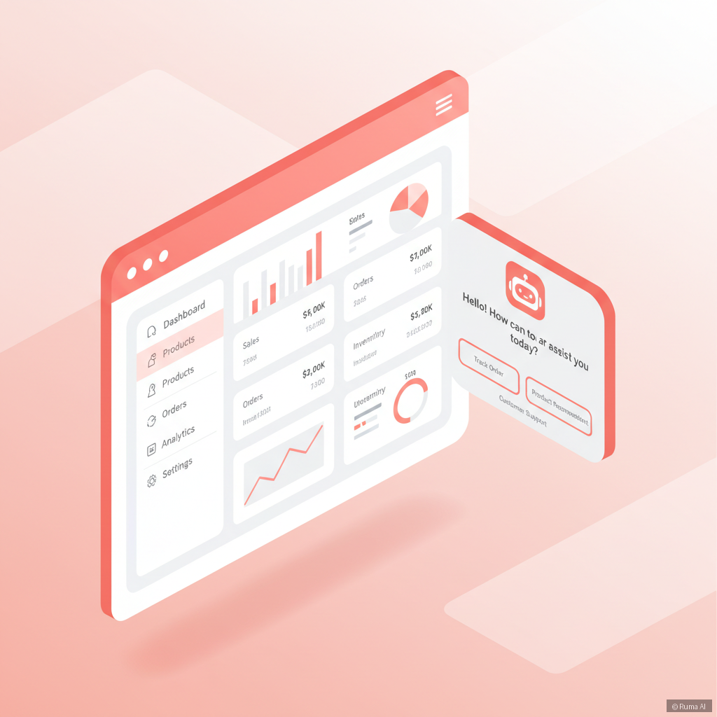 isometric 3D illustration of WooCommerce store dashboard with AI chatbot popup, coral and white color palette, clean minimal tech aesthetic