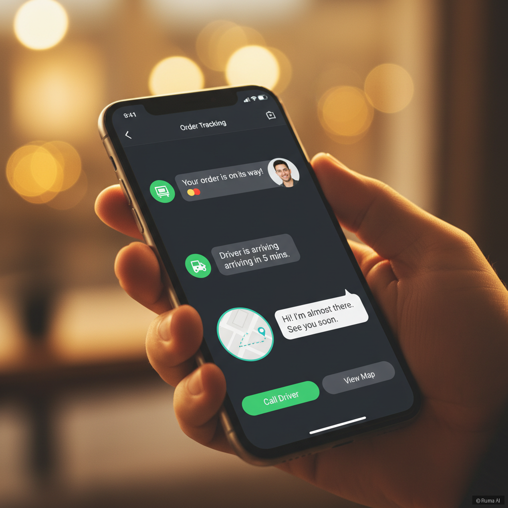 photorealistic hand holding a smartphone showing a live order tracking chat interface, warm golden lighting, soft bokeh background