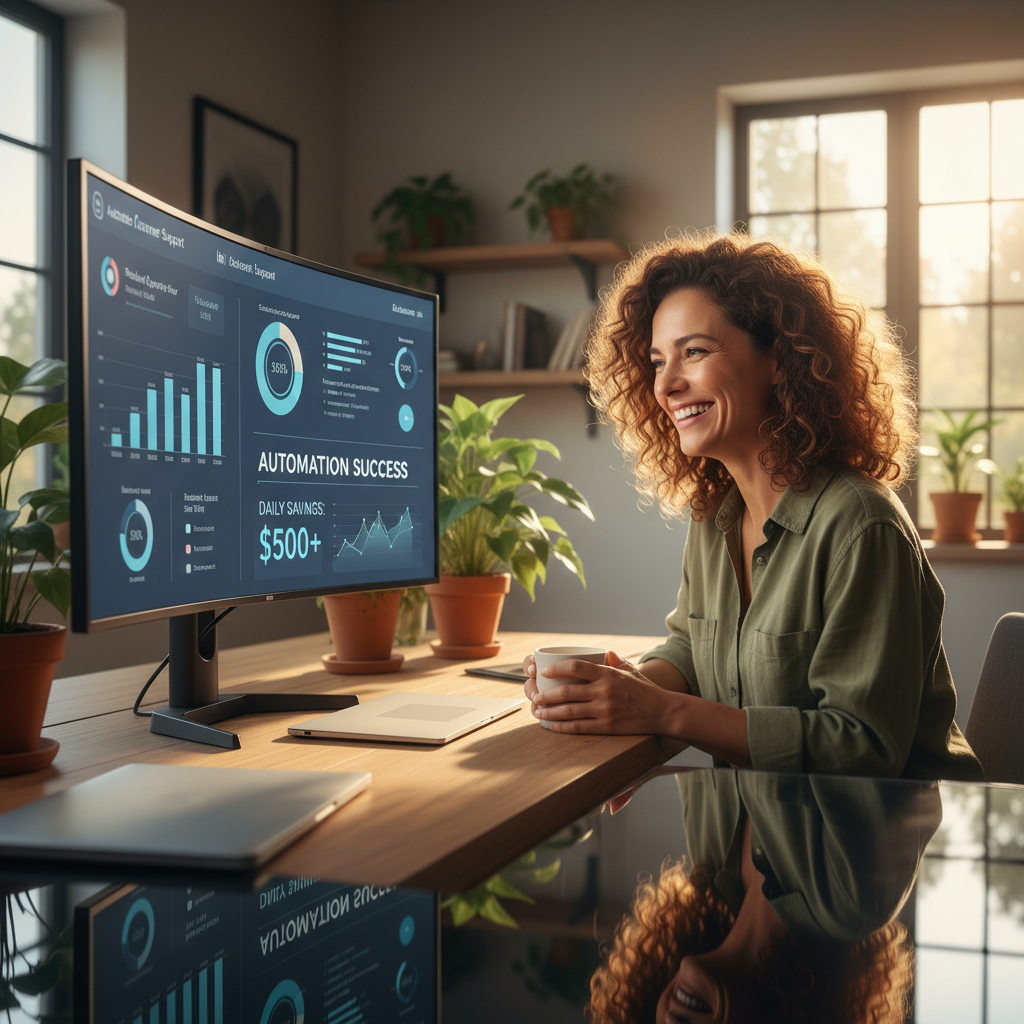 small business owner smiling at dashboard showing automated customer support stats, warm lighting, modern office