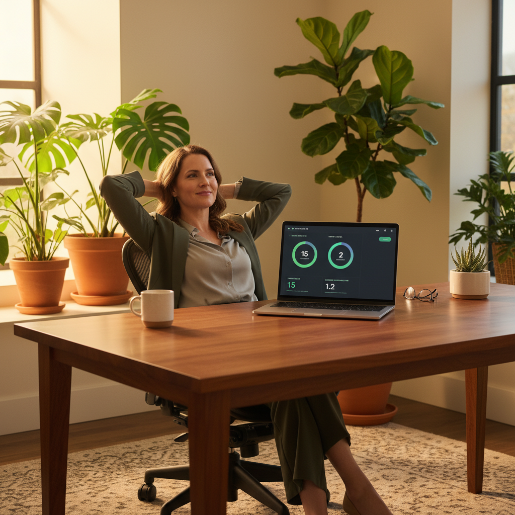 business owner looking relaxed at desk with laptop showing low support ticket volume dashboard, warm office lighting