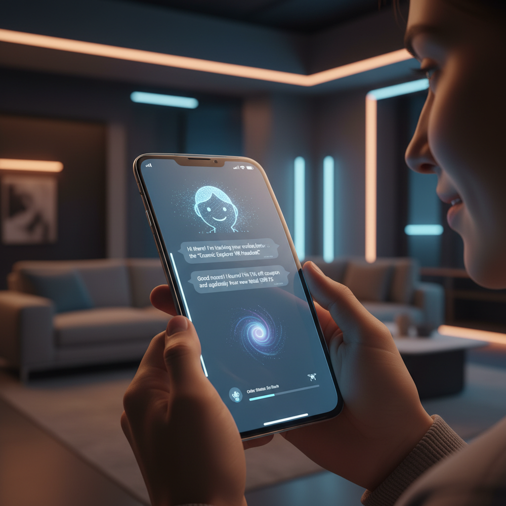 customer chatting with AI assistant on phone, AI autonomously tracking order and applying coupon, futuristic but warm interface, soft blue glow