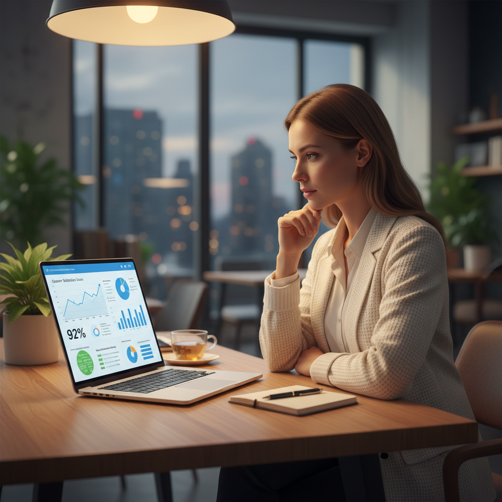 business owner reviewing AI customer support dashboard on laptop, modern office, clean analytics UI, professional warm lighting