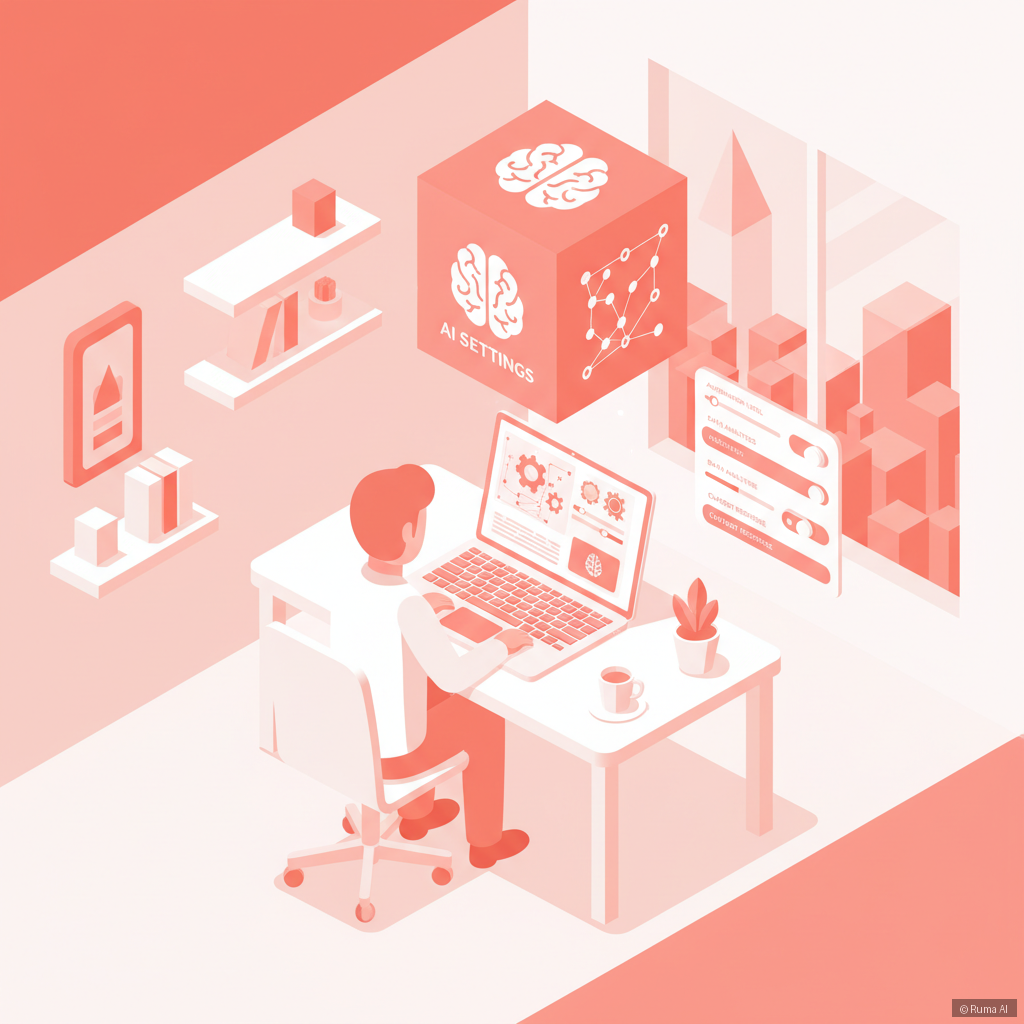 isometric 3D illustration of a business owner reviewing AI settings on a laptop, coral and white color palette, clean minimal design