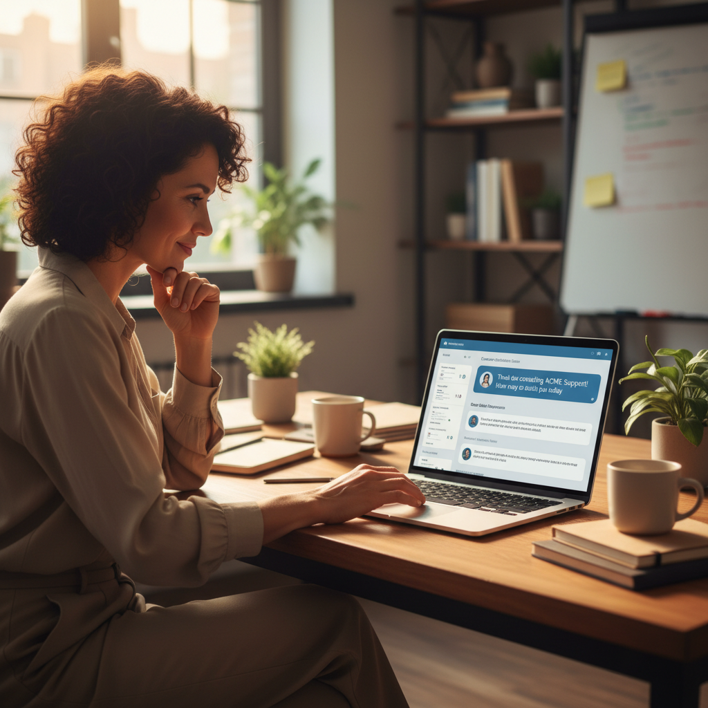business owner reviewing AI chatbot responses on laptop, warm office lighting, clean dashboard interface