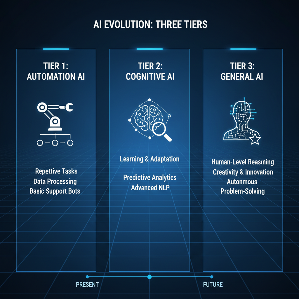 futuristic comparison of three AI tiers side by side, clean infographic style with blue and white tones